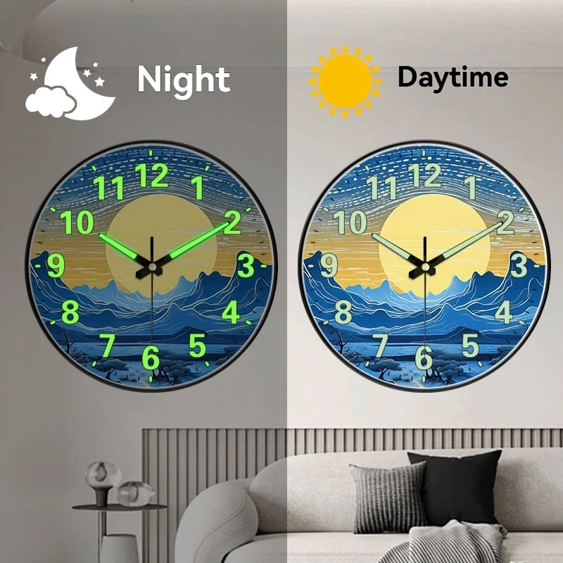 1pc Modern Luminous Wall Clock Glow In The Dark Numbers  Pointers Mountain Landscape Nature Decor For Living Room Bedroom Office
