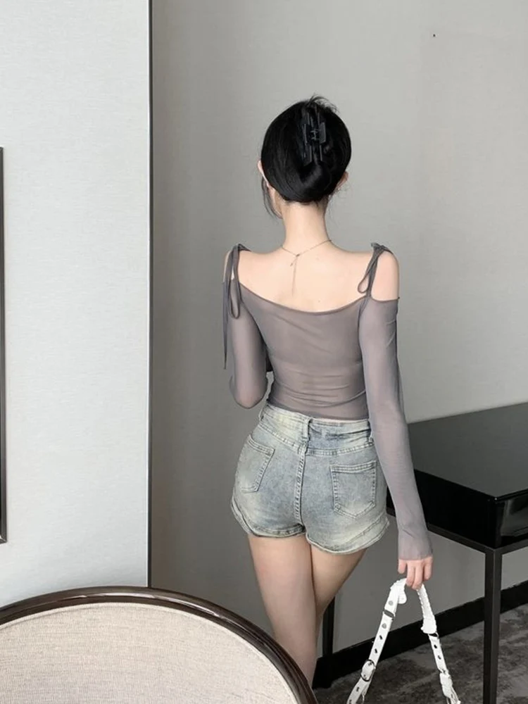 Langärmliges Mesh-T-Shirt mit Sonnenschutz und Schnürung für Damen im Sommer, dünnes Design, kurzes One-Shoulder-Design, freiliegendes Nabel-Top