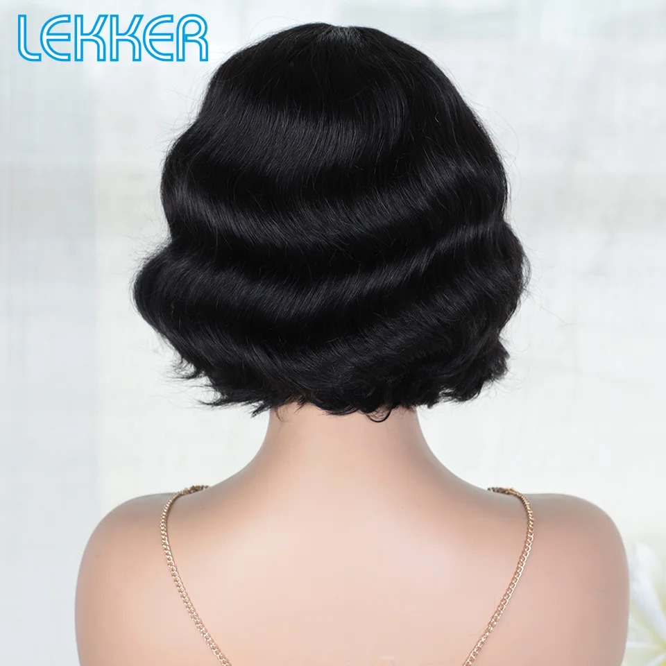 Lekker Short Deep Wavy Bob 100% Human Hair Wig With Bangs For Women Brazilian Remy Hair Full Machine Made Wear to Go Daily Wigs