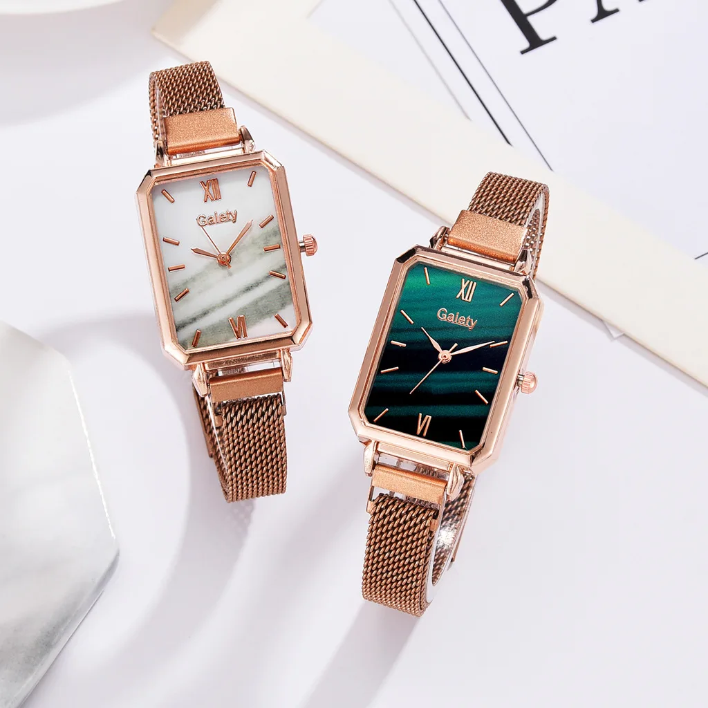 Jam tangan wanita, 2 buah Set mode persegi wanita jam tangan gelang sederhana Rose Gold Mesh mewah wanita