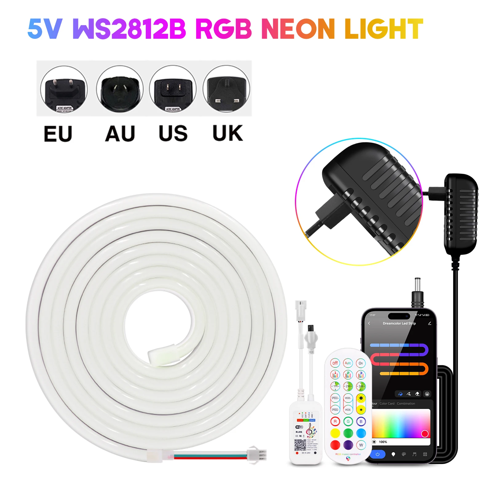 Imagem -05 - Rgb Sonho Cor Neon Led Strip Ws2812b dc 5v Ip67 Impermeável Wifi Bluetooth Controle App Home Decor Fita Flexível Corda