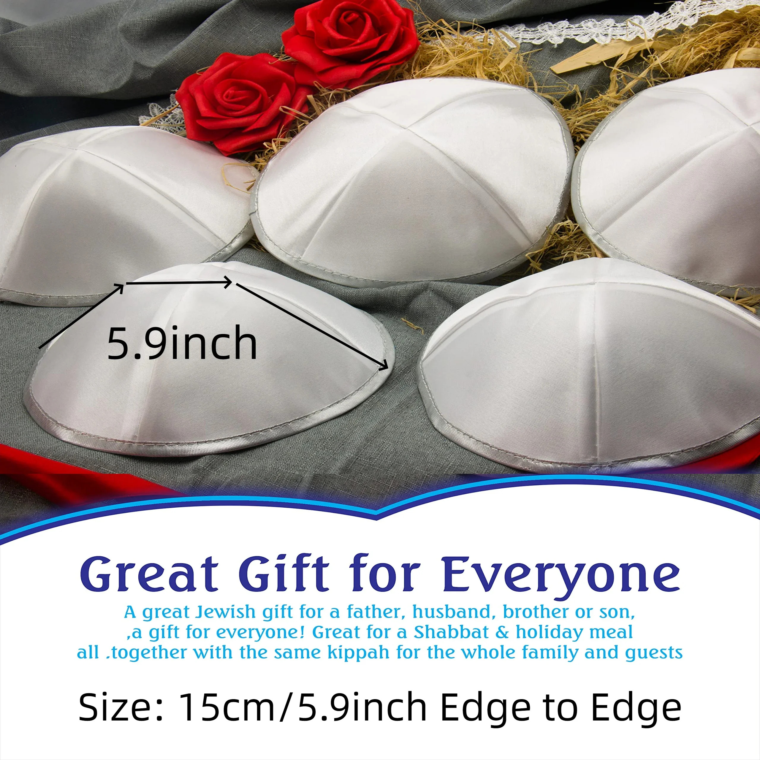 6-50Pcs Satin Kippah Jewish Kippot Bulk White Yarmulke with Silver Edge Shabbat Wedding Favors for Groomsman (15CM 5.9INCH)