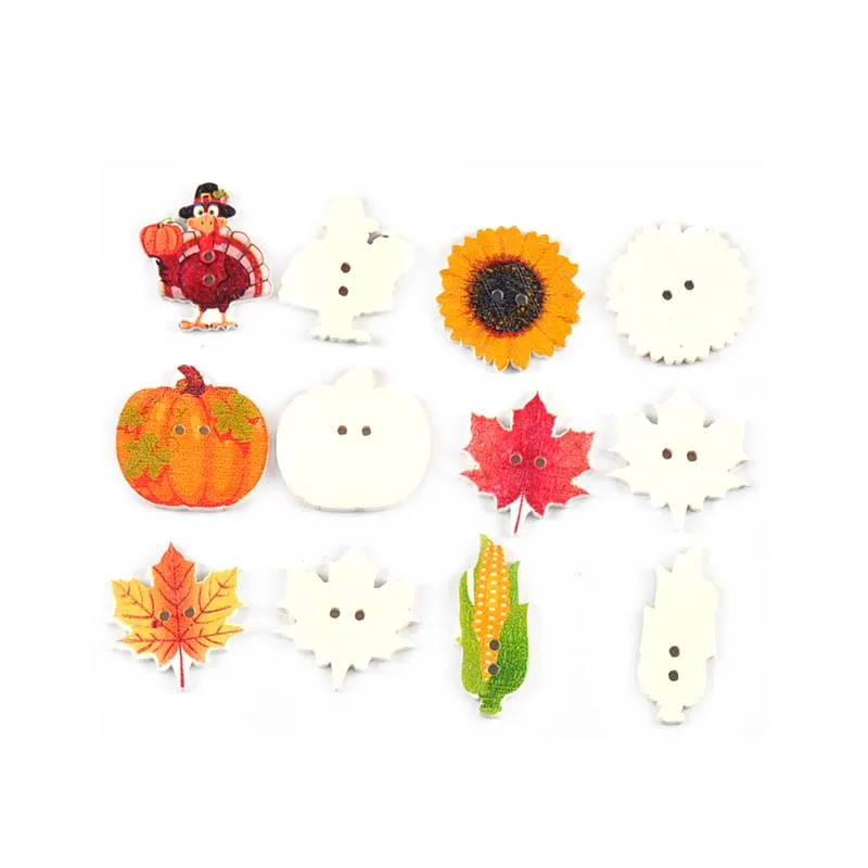 50pcs 1.3-3cm Pumpkin/Turkey/Maple/Corn Pinecones Mixed Wooden Buttons For Handmade Clothes Scrapbooking Sewing Decorative C4130