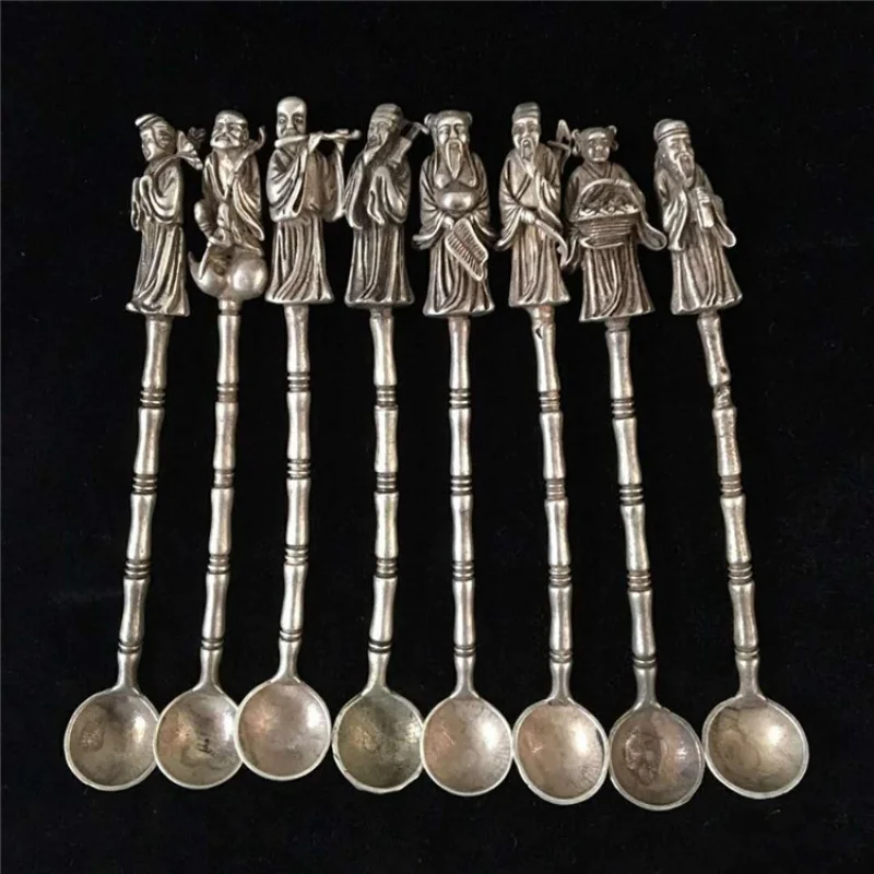 

Wholesale Antique Old White Copper Eight Immortals Tibetan Silver Medicine Spoon Retro Small Copper Spoon