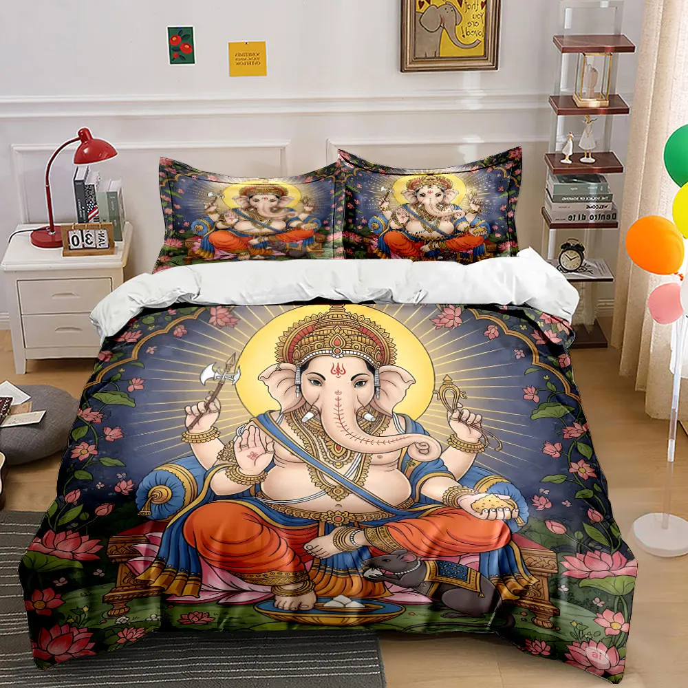 Indian elephant god surrounded by lotus Pattern Duvet Cover Set Digital Print Colorful Polyester Bedding with Zipper Closur