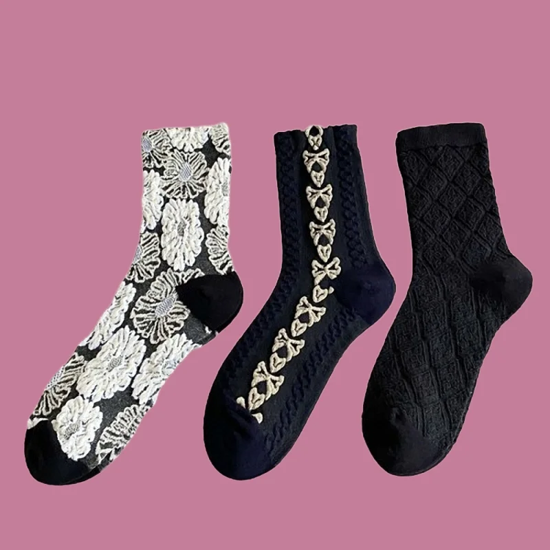 3/10 Pairs Women's Flower Retro Middle Tube Socks 2024 New Fashion Black Socks Autumn And Winter Long Socks Outer Wear Jk Socks