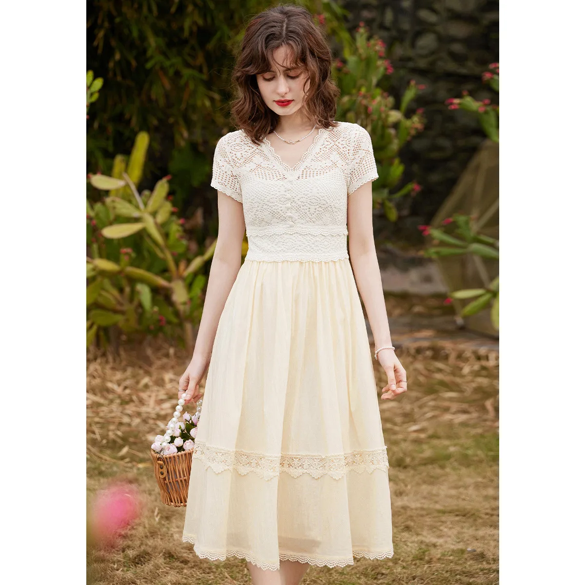 LOUIS YAO Women Dress Elegant Lace V Neck Short Sleeve 2024 Summer A-LINE Slim Fit Long Apricot Dress