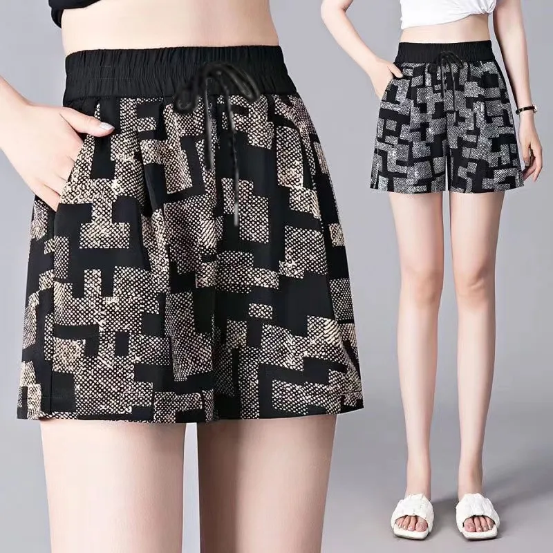 

Summer New Ice Silk Loose A-Line Short Pants Women's plus Size Sport Print Wide Leg Five-Quarter Casual Hot Pants