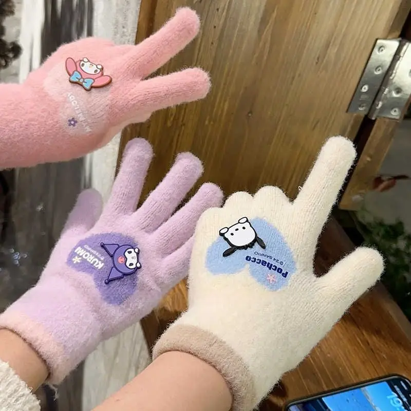 Sanrios Winter Hello Kittys Warm Open Finger Gloves Women's Cute Cinnamoroll Fingertip Touch Screen Warm Outdoor Knitted Gloves