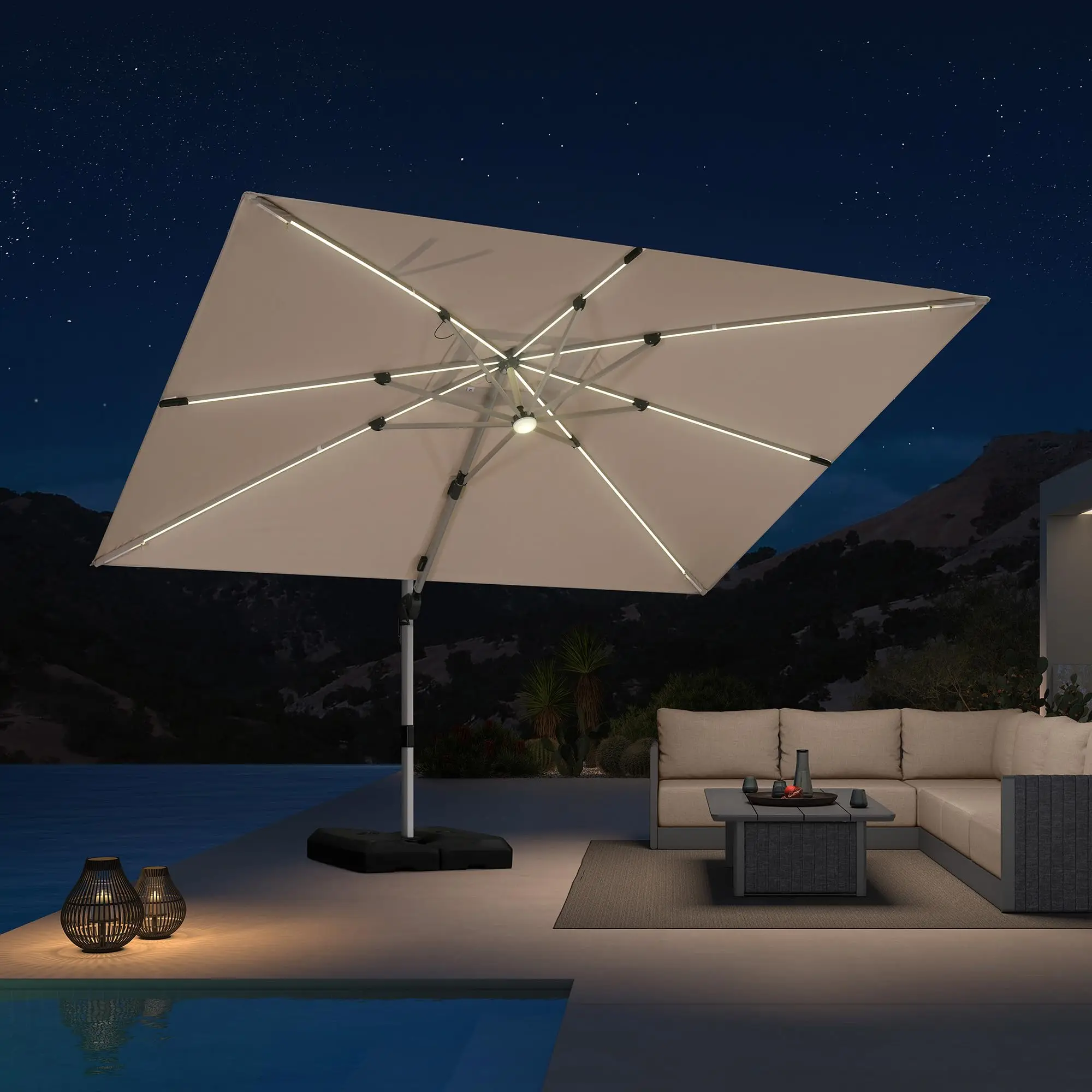 Cantilever Umbrella 9' X 11.5' Solar LED Light Patio, Beige