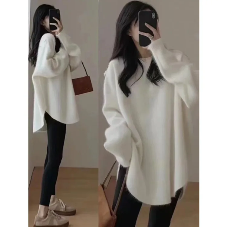 

Women's Knitted Sweater Autumn Winter Korean Sle Mid-Length Lazy Faion High-End Knitwear Base irt Top Trendy Thiened ...