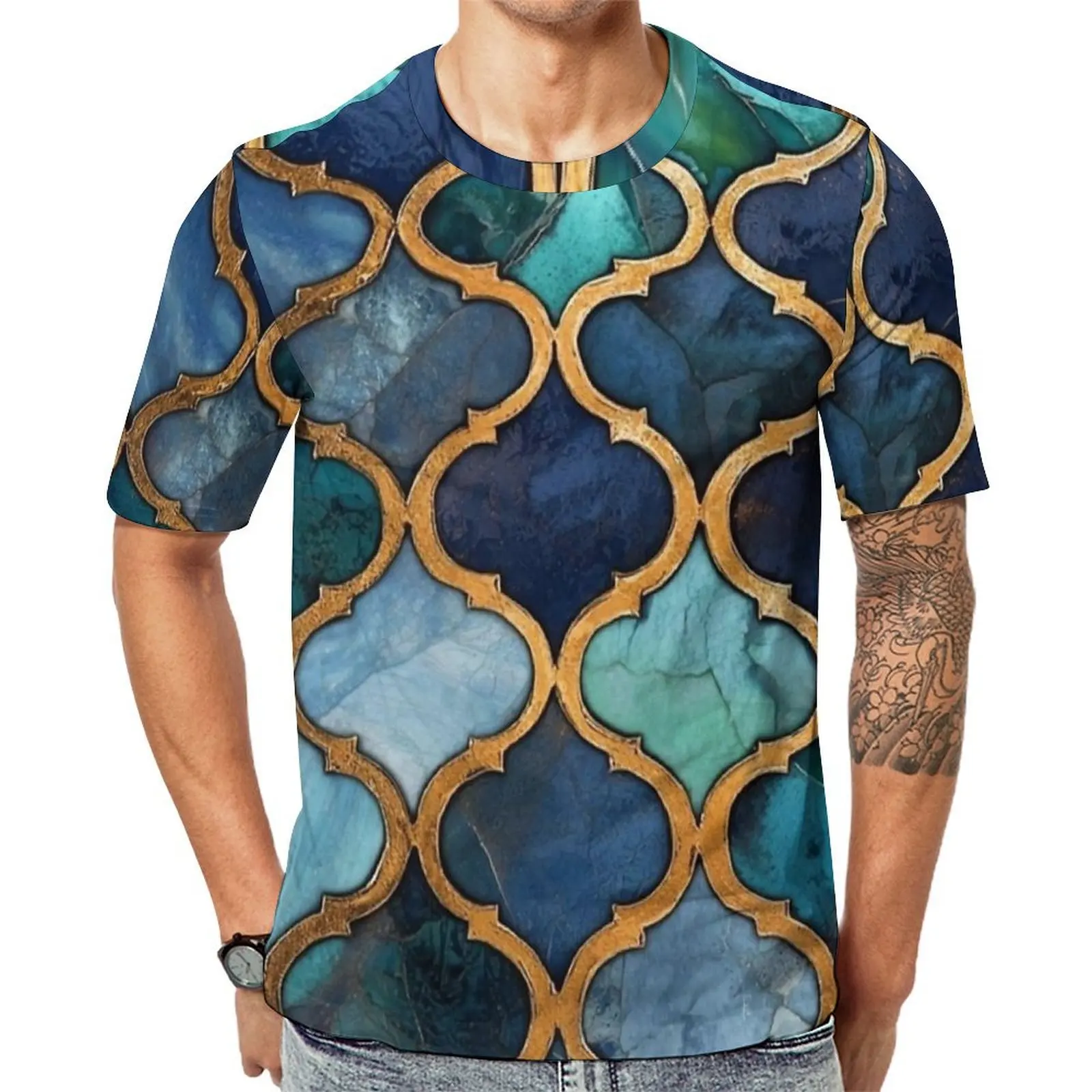 Teal Marble Gold Moroccan Tile T-Shirt For Men  Design O Neck T Shirts Summer Harajuku Tops Short-Sleeve Funny Plus Size Tees