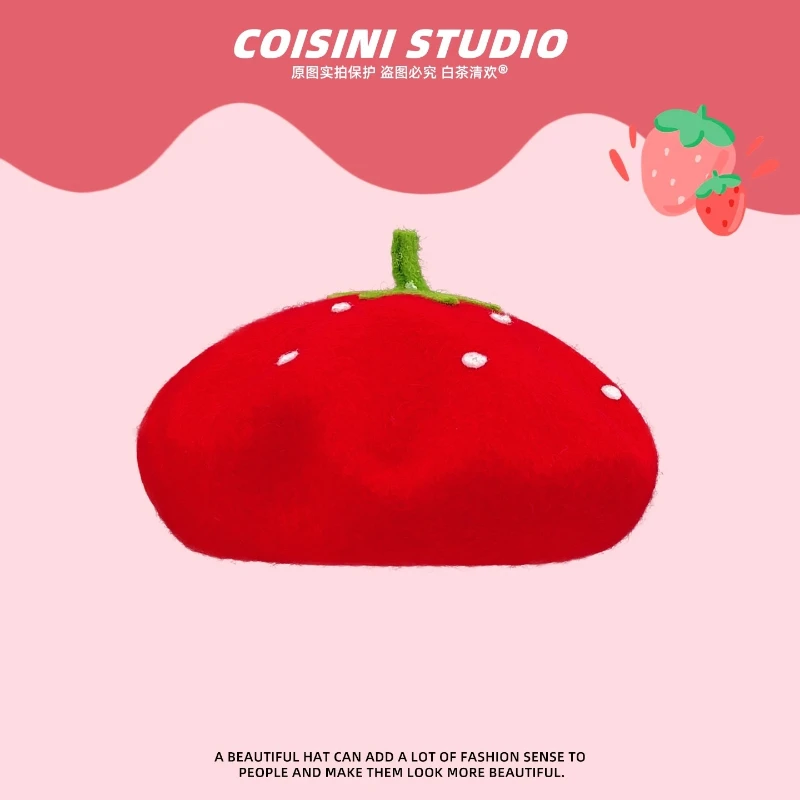 جديد لطيف الفراولة تصميم الصوف القبعات للنساء الخريف والشتاء السفر الدافئة تنوعا تظهر الوجه قبعة الرسام الأدبي الصغيرة