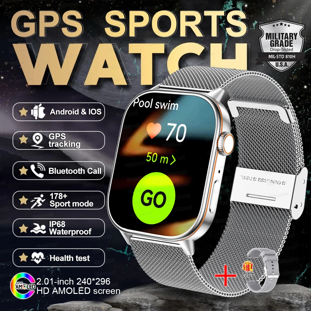Neue GPS-Militär-Smartwatch mit Eingebautem GPS-Kompass Höhenmesser Barometer 10ATM IP69K Wasserdicht AMOLED BT-Anruf Smartwatch