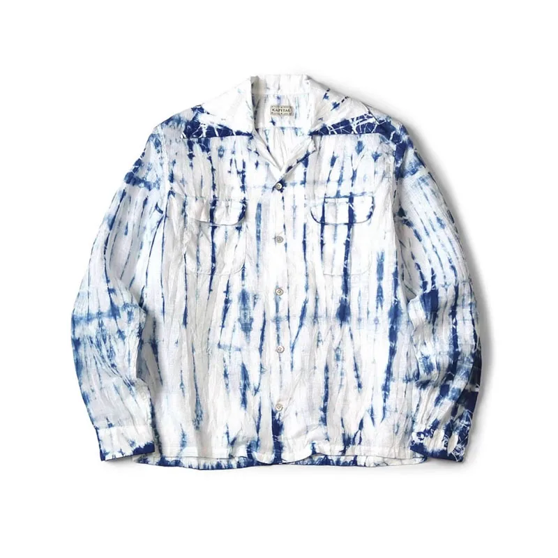 25AW KAPITAL Casual Cotton Linen Tie Dye Pleated Loose Collared Long Sleeved Shirt for Men New Arrival