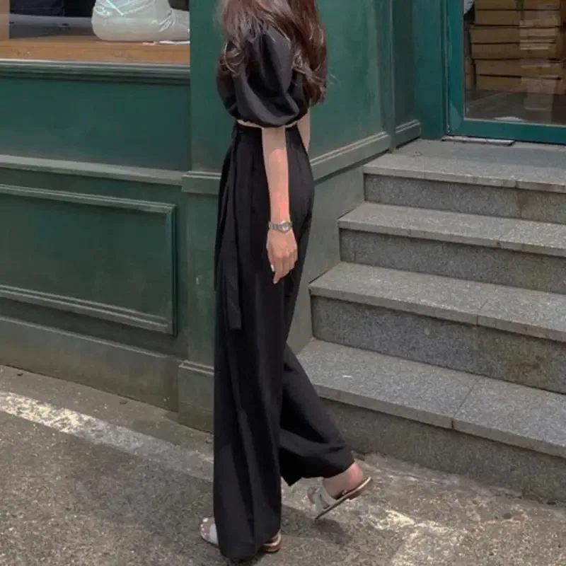 2025 봄/가을 여성용 드레이핑 레이스업 와이드 레그 팬츠, 하이웨이스트 스트레이트 레그 팬츠, 루즈핏 캐주얼 롱 팬츠