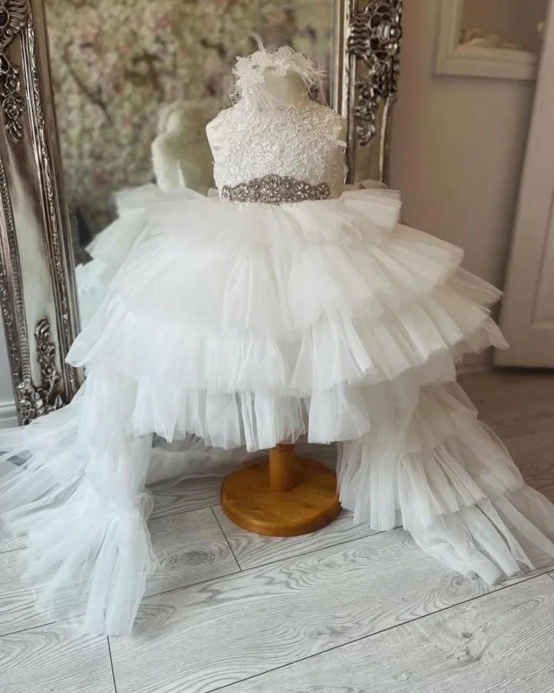 

Flower Girl Dresses for Customized White Wedding Tiered SleevelessCommunion Ball Gowns High-Low Kids Birthday Party First