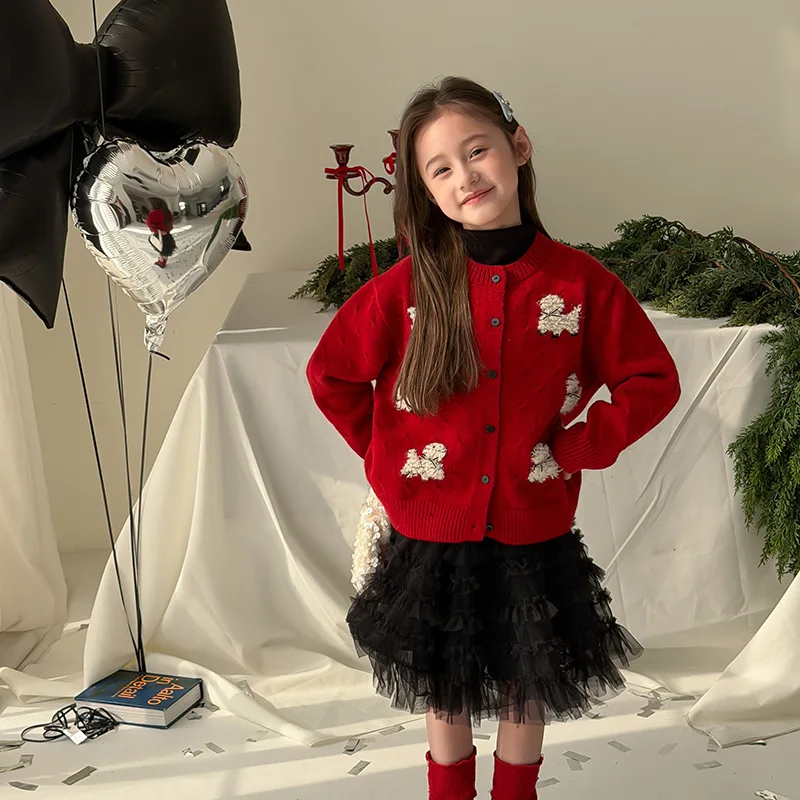 2025 New Autumn Fashion Girls Cartoon Three-dimensional Bow Sweater Knitted Cardigan Jacket Boutique Clothing Simple Style