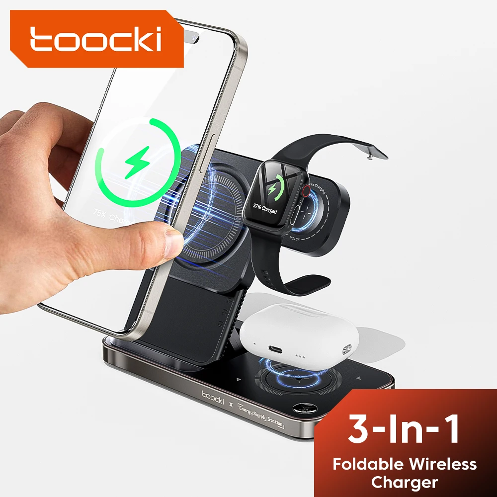 Toocki 3-in-1 Wire Charger Staion for iPhone 15 14 13 12 Pro iWatch Airpods Samsung Fast Charging Wireless Charger Stand Holder