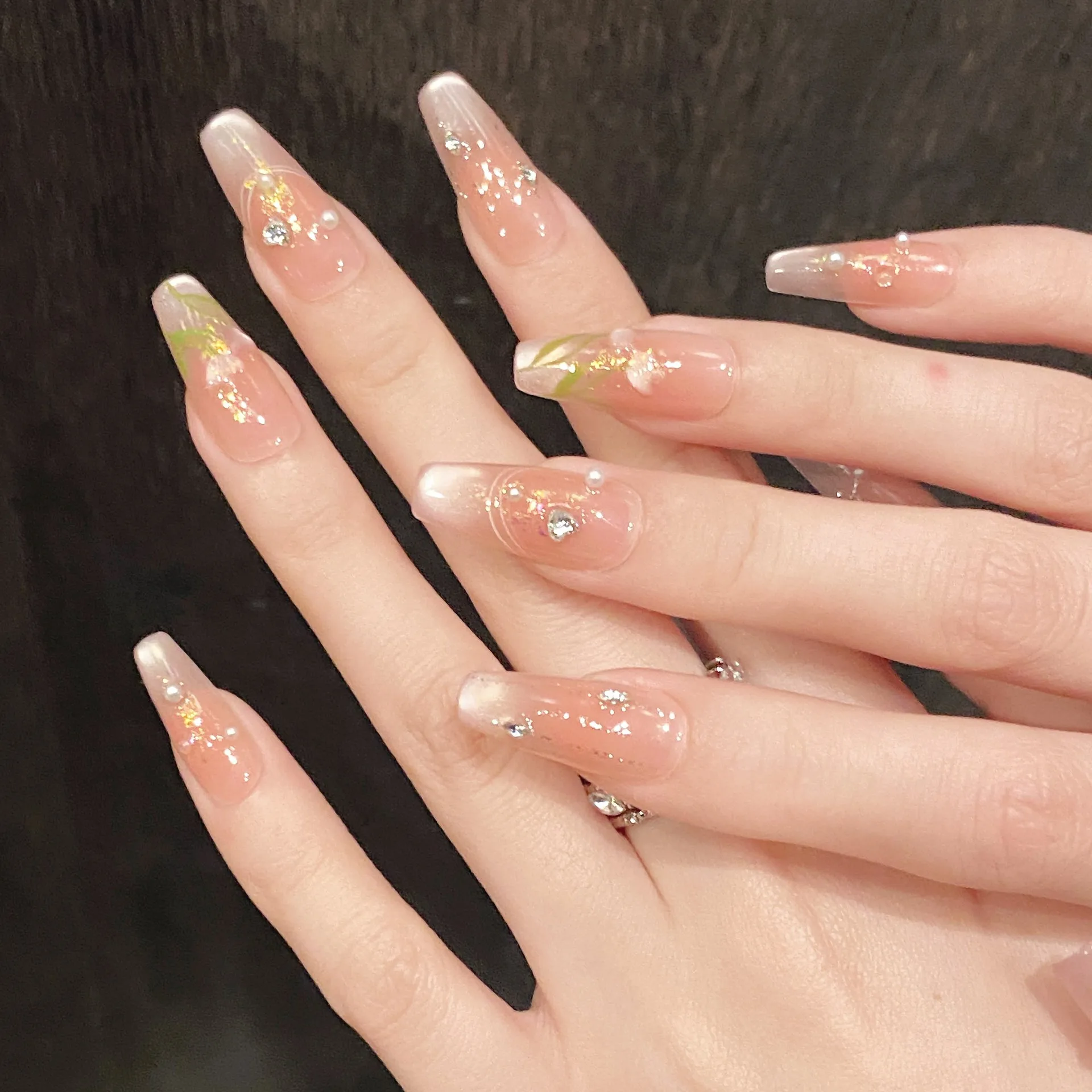 10 stuks middellange ballet handgemaakte nagels tip draagbaar cat's eye nep nagel glitter steentjes valse nagel kunst bloem druk op nagels