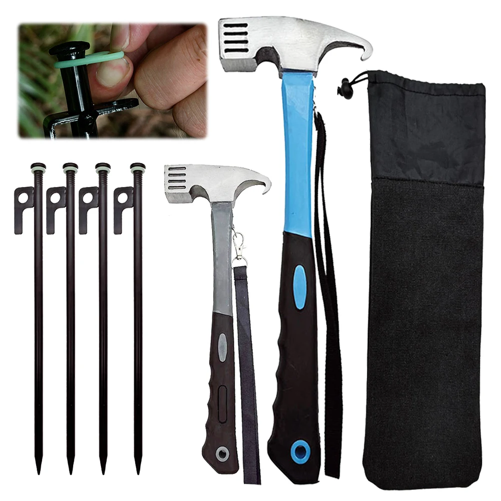 4Pcs Tent Pegs Forged Steel Tent Pegs Heavy Duty Camping Tent Spikes with Storage Bag & Hammer for Camping Picnic
