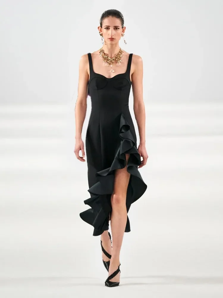 Women’s Square Neck Ruffle Long Dress Sleeveless Backless Side Split Bodycon High Waist Midi Dress Prom Gowns Cocktail Dress