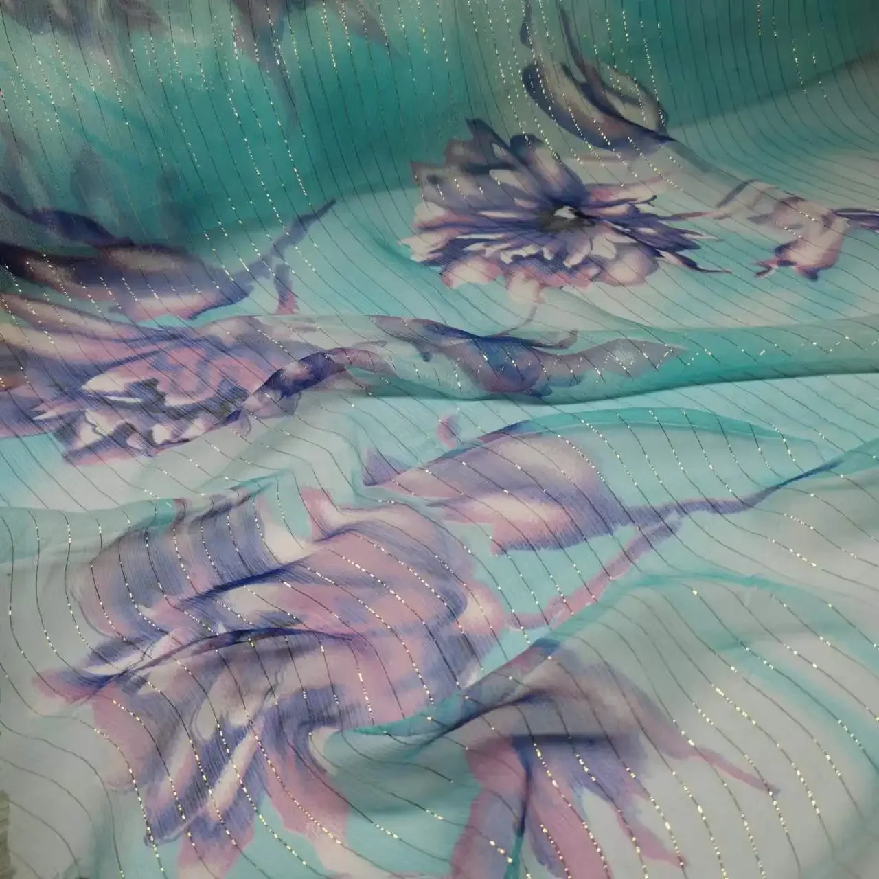 Silk Sewing Georgette Fabric Metallic Jacquard Shimmer Floral Printed Qualified Shiny Saree Toub Material