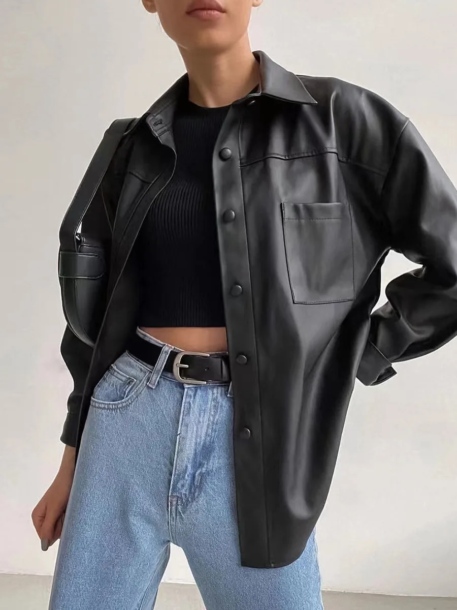 Casual Bla PU cuero Jaet Faionable versátil solapa Top viaje Sle suelta ajuste largo Sve abrigo de longitud media