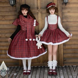 Autumn Winter Red Checkered Lolita JSK Dress Cloak Strap Dress Plush Ball Christmas Dress