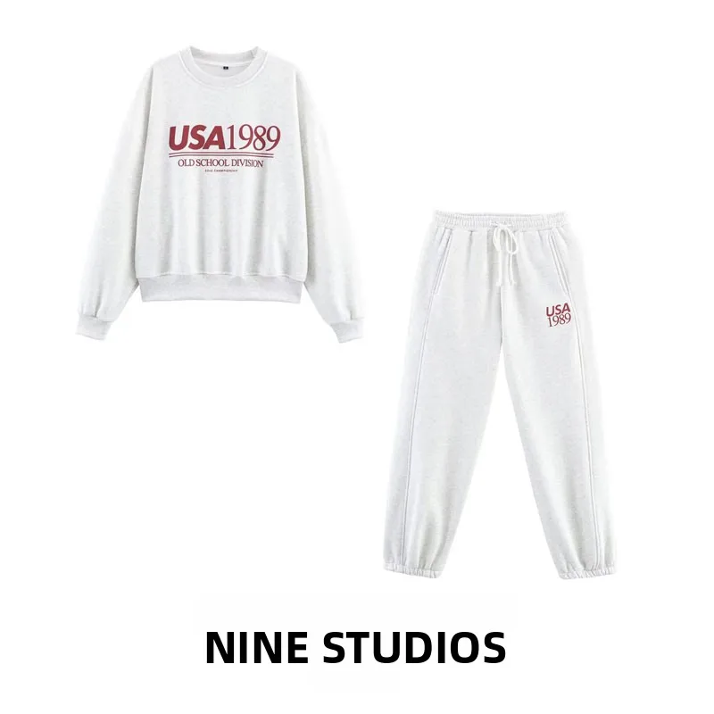 

NINE ZAR Women's round Ne Pullover Fce Lined Printed Sweatirt Sweatpants Faion Set Long Sve Autumn Outfit