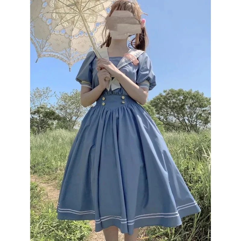 Harajuku saior colarinho azul marinho vestido japonês lolita doce arco menina retro algodão kawaii estilo universitário vestido longo de dormir feminino