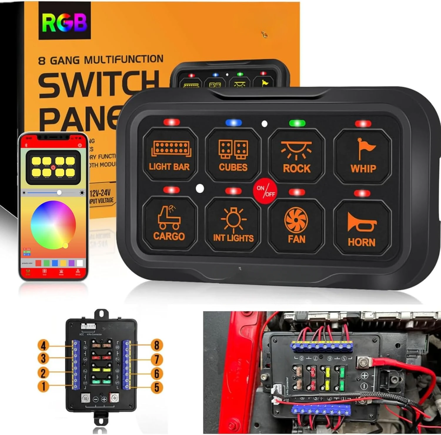 RGB Bluetooth 8 Gang Switch Panel AR-820 Toggle Momentary Pulsed Switch Pod