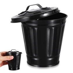 Black Metal Mini Office Trash Can Lid Desktop Waste Basket For Living Room Desk Pen Holder Bin Garbage Can With Lid