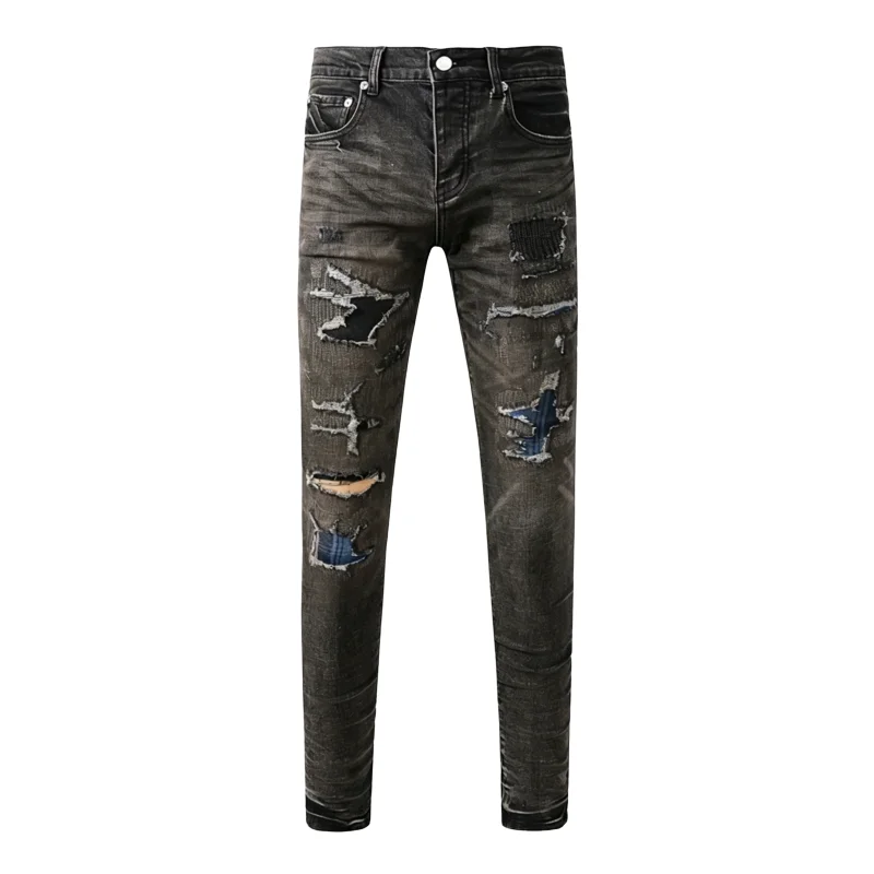 Men's Multi-Layer Plaid Patch Slim Tapered Jeans Vintage Black Wash Heavily Frayed Button Fly High Street Style