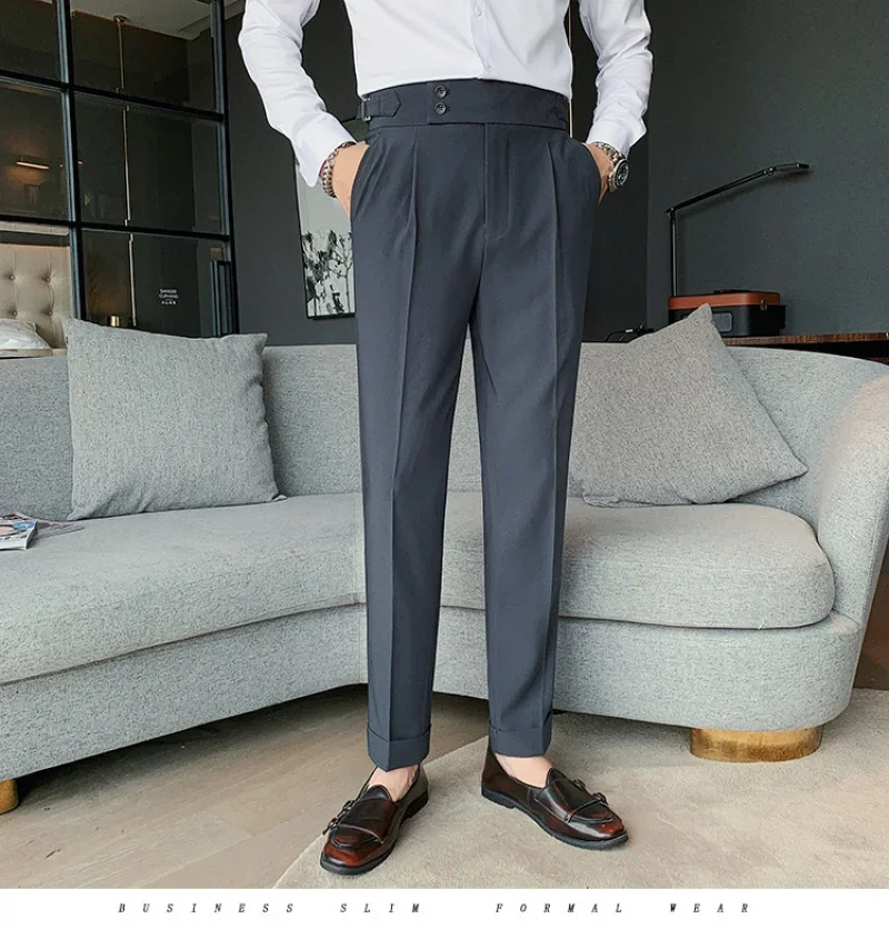 British High-waist Pant Men Social Pant Traje Hombre Formal Dress Pants Men Italian Men Trousers Hombre Dress Ankle Pant