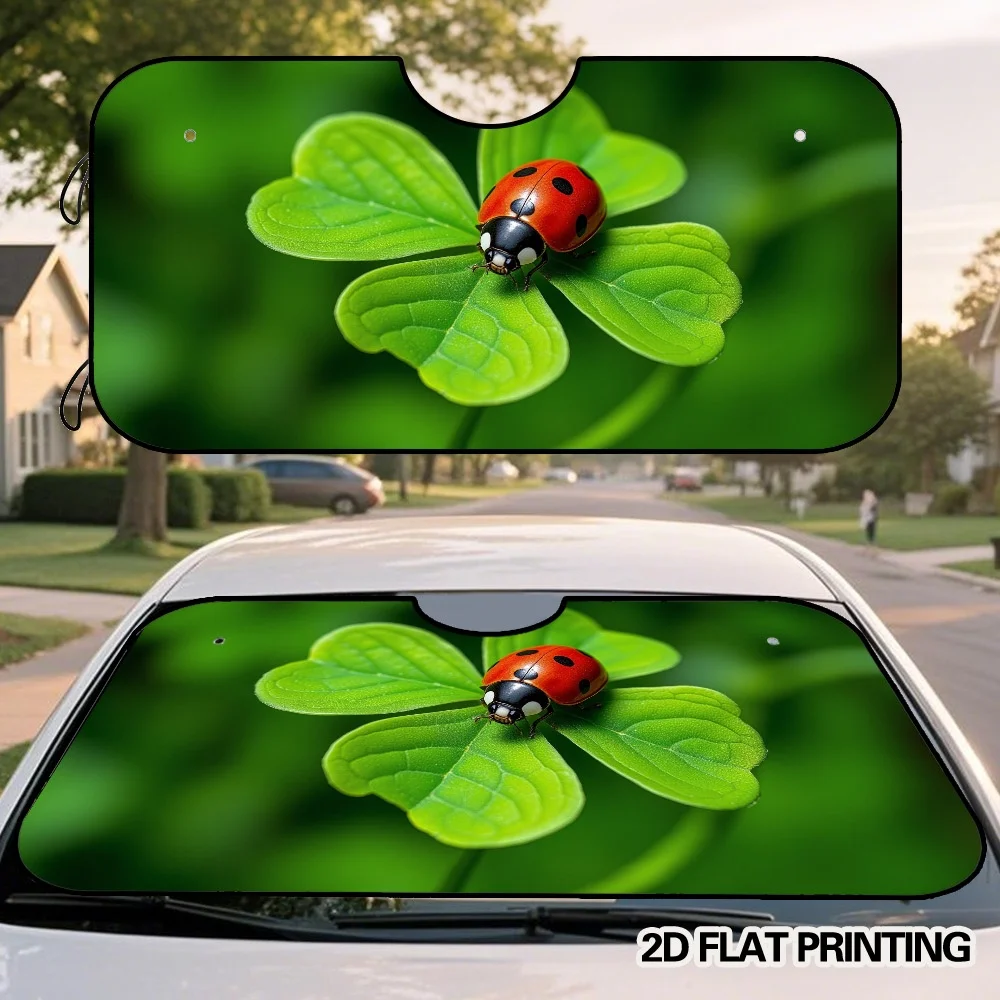 

2D Flat Printing, 1pc Ladybug on Green Clover Pattern Polyester Fiber Car Sunshade, Universal Fit Windshield Sunshade