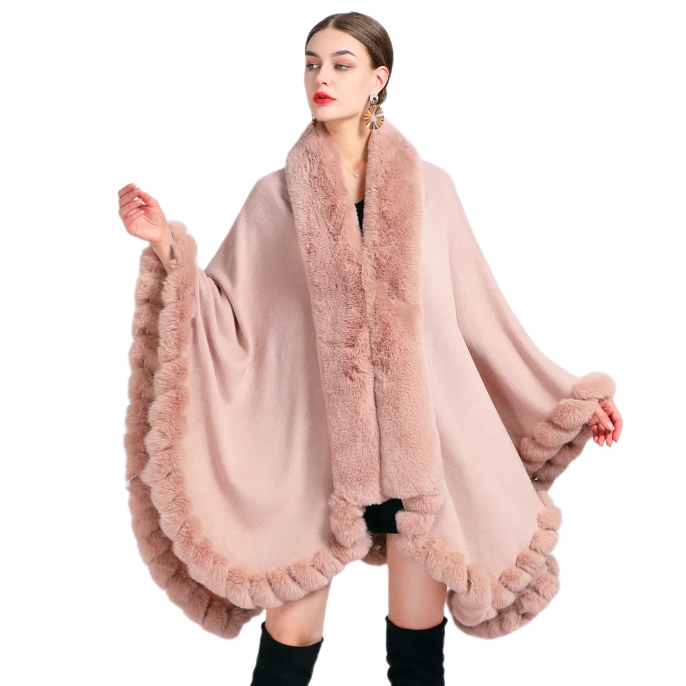 Warm Rex Rabbit Fur Collar Ponchos Women\'s Cashmere Loose Cosplay Overcoat Cape Shawl Woolen Large Size Cloak