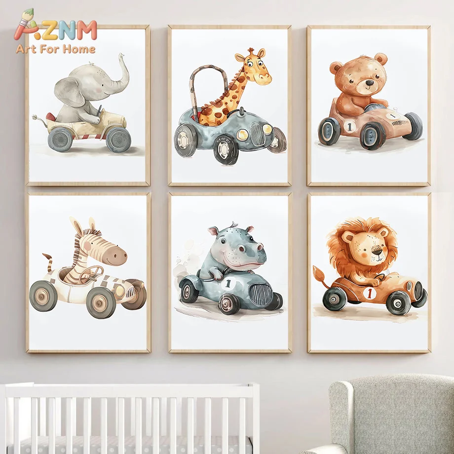 AZNM Watercolor Animal Racing Car Canvas Print Elephant Giraffe Lion Hippo Zebra Bear Cute Kids Nursery Unframed Wall Poster Dec