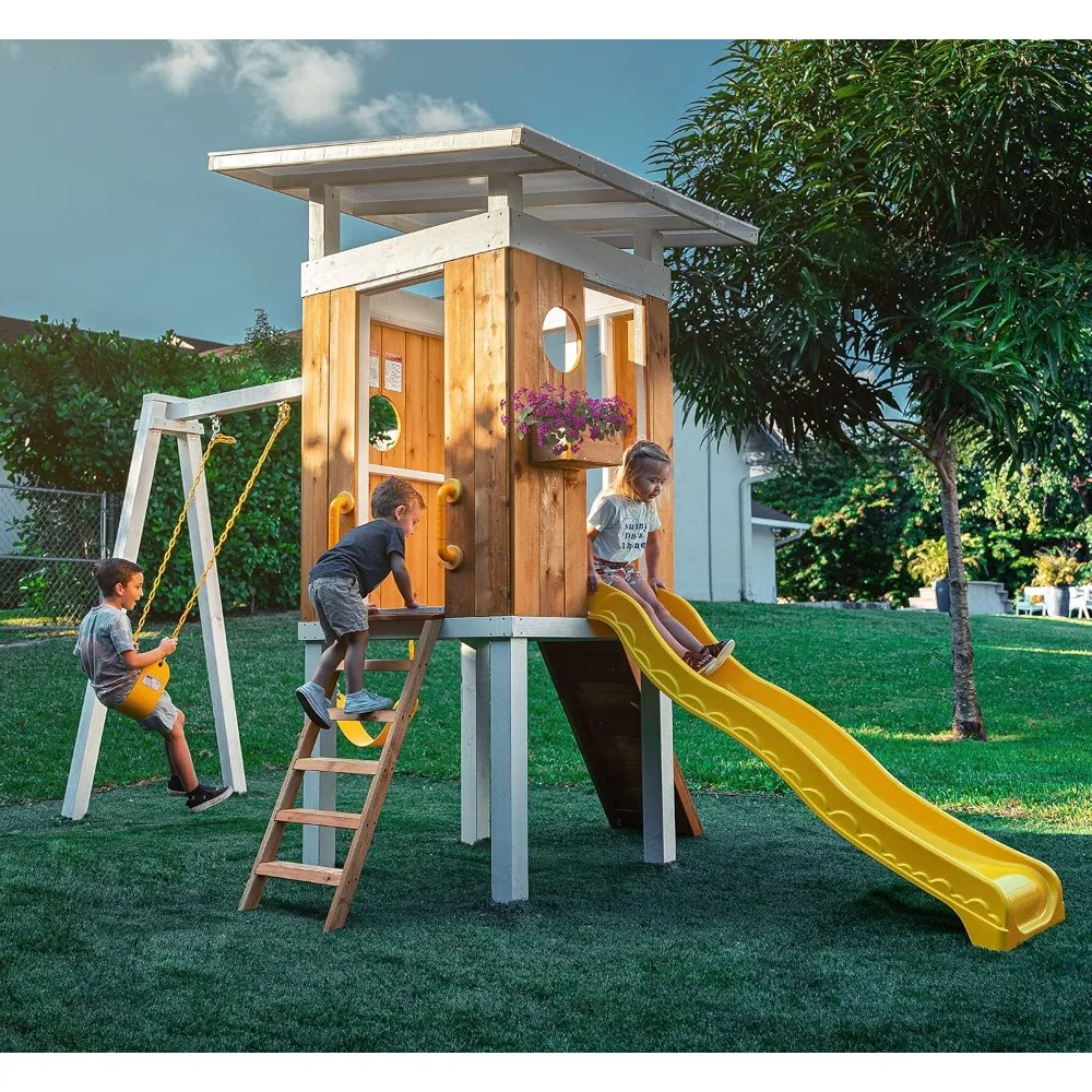 Modern Outdoor Backyard Swing Set Children's Rock Climbing Wood Playground Playset 2 Belt Swings, Clubhouse Fort, Amusement Park