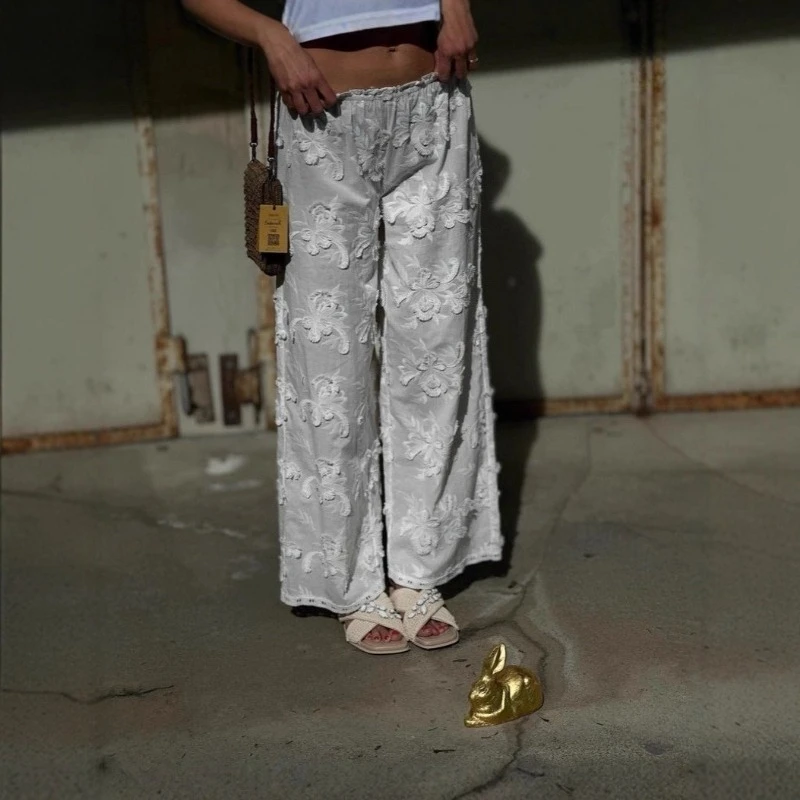 

2026 Spring New Niche Cotton Three-dimensional Petal Embroidery Lace Wide Leg Pants for Women