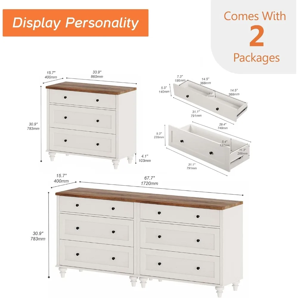 寝室用6段引き出し付きホワイトドレッサー、幅広引き出し付き木製ドレッサー、ミッドセンチュリーモダン木製クローゼット収納