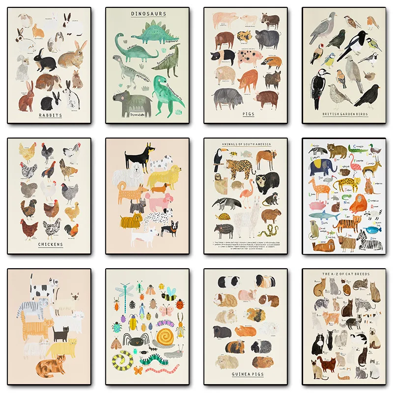 Alphabet Animal Garden Birds Cat Dinosaur Dog Rabbits Poster Print Wall Art Pictures Canvas Painting Living Room Home Decor Gift