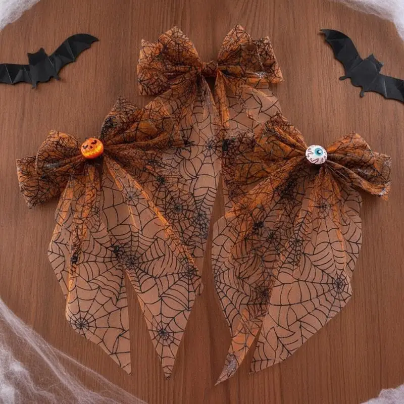 10 Styles Pumpkin Headed Spider Web Bow Tie Mesh Headband Hair Clip Spring Clip , Suitable For Halloween Parties And Dances