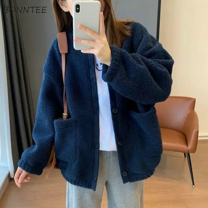 

Korean Lovely Fleece Jackets Women Loose Slouchy Autumn Winter All-match Thick O-neck Long Sleeve Single Breasted Female Chic