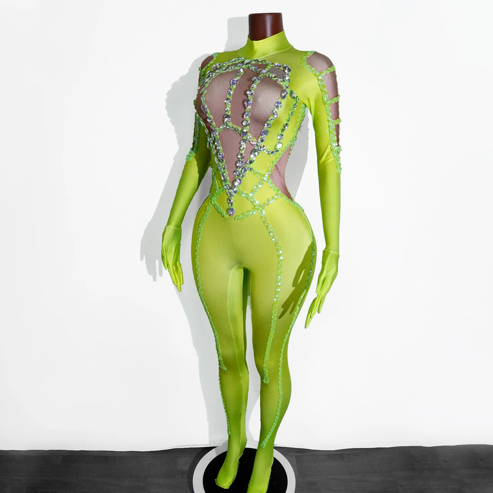 패션 코르셋 로브 긴팔 점프수트 (장갑 포함) 무대 의상 공연 섹시 클럽 이브닝웨어 댄스 가수 파티 의류