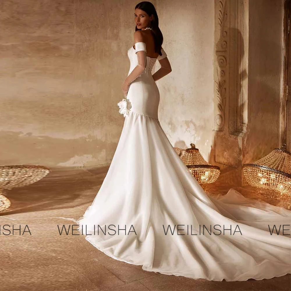 Vestidos de mujer para invitados de boda a la moda, vestidos de fiesta de boda de sirena de satén, guantes sin tirantes de color marfil, vestido de novia largo de tul con apliques