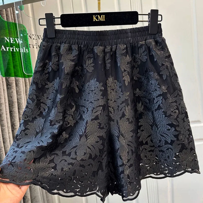 

Elastic Waist Black Embroidered Net Yarn Wide Leg Women Summer Elegant Temperament Straight Office Lady All-match Casual Shorts