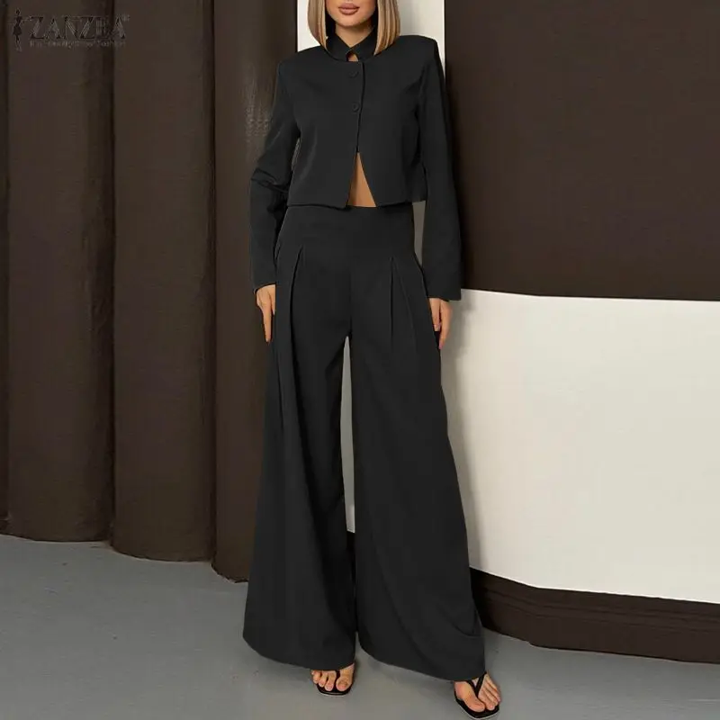 

Fashion ZANZEA Women Pant Sets Summer Spring Solid Buttons Tops Wide Leg Pants 2PCS Long Sleeve Two-piece Outfits Matching Sets