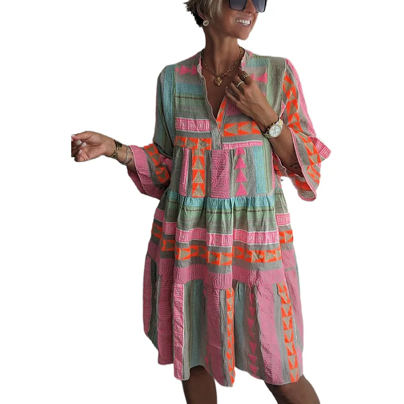 Mini abito Boho da donna sexy con scollo a V e volant Primavera Vintage Stampa retrò A-Line Vacanza Casual Autunno Abiti larghi con maniche svasate