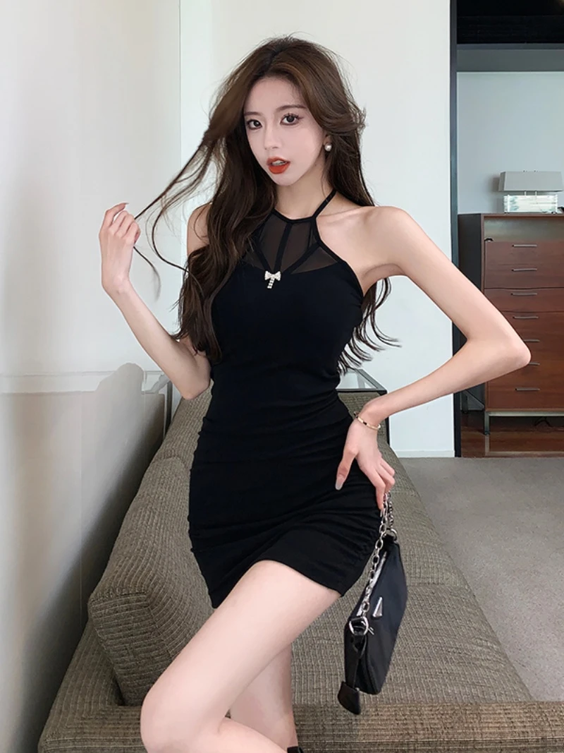 

Sexy Mesh Splice Black Dress Summer 2024 New Style Small Size Hanging Neck Strap Dress Hot Girl Pure Desire Style Commut...